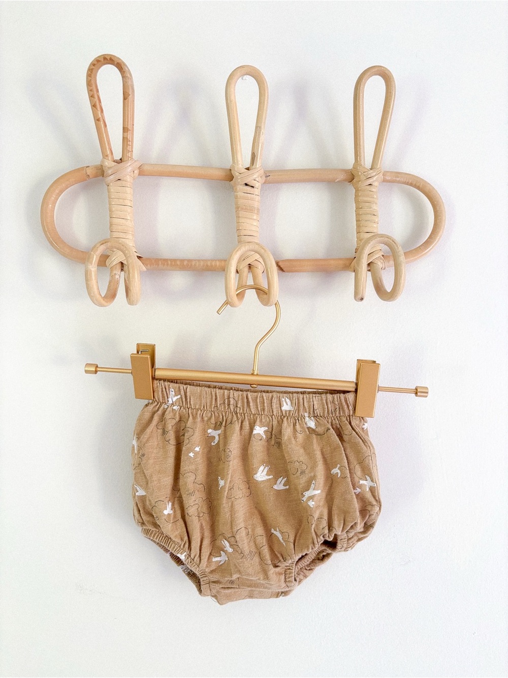 Neutral Beige Baby Bloomers with White Bird Print